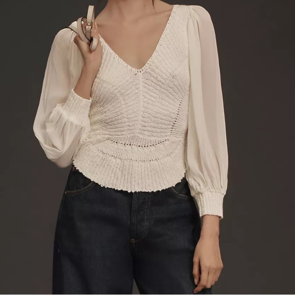 Anthropologie Cream V-Neck Knit Peasant Sleeve Sweater